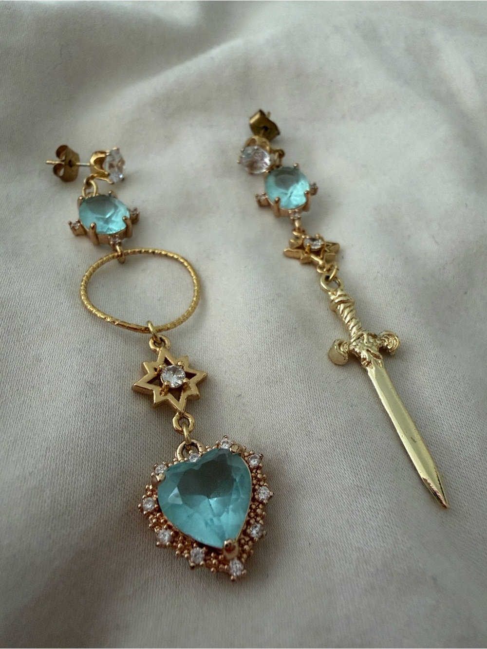 Heart and Dagger Gold and Turquoise blue gemstone dangle earrings